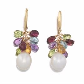 A Pair of Gold, Pearl and Gemstone Earrings 