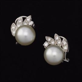 A Pair of South Sea and Diamond Pearl Earrings 