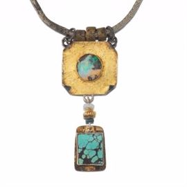 Anne Dankoff 22K Gold, Sterling Silver, Boulder Opal and Turquoise Necklace 