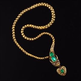 Antique Emerald, Gold Serpent Necklace 