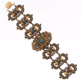 Antique Gold, Silver, Enamel, Seed Pearl, Turquoise and Garnet Twin Bracelet, French or Swiss 