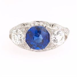 Art Deco Ceylon No Heat Sapphire and Diamond Ring, AGL Report 