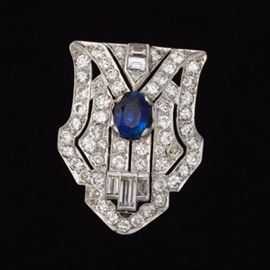 Art Deco Platinum, Diamond and Sapphire Brooch 