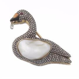 Blister Pearl, Diamond, Diamond Briolette and Coral Swan Brooch 