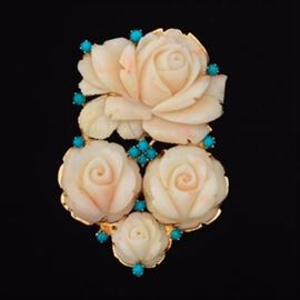 Carved Angel Skin Coral and Turquoise Brooch 