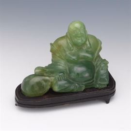 Carved Serpentine Laughing Buddha on Wood Stand 