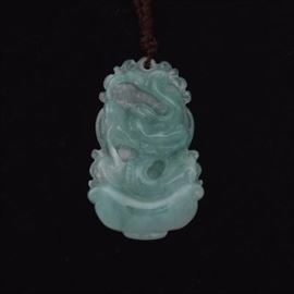 Carved Translucent Jadeite Dragon Pendant on Adjustable Silk Cord 