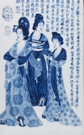 Chinese Blue and White Porcelain Plaque of Three Graces, ca. Republic Period 