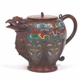 Chinese Bronze Champleve Phoenix Teapot 