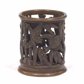 Chinese Bronze Sparrows and Bamboo Brush Holder 