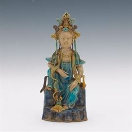 Chinese Glazed Clay Sitting Guanyin Figurine 