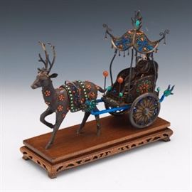 Chinese Gold Vermeil on Sterling Silver, Enamel and Gem Stones Chariot with Deer and Lady, on Carved Wood Stand with Silver Wire Inlay 