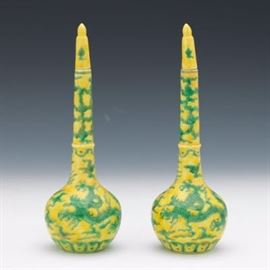 Chinese Porcelain Famille Jeune Pair of Rosewater Perfume Sprinkler Vases with Stoppers, Apocryphal Chenghua SealMark 