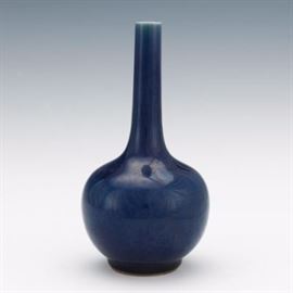 Chinese Porcelain Monochrome Cobalt Blue Glaze Bottle Vase, Apocryphal Ming Dynasty TianQi Marks, ca. Qing Dynasty 