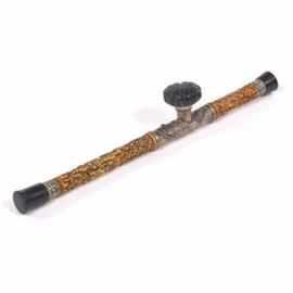 Chinese Silver Color on Copper, Ebony, Ivorine, and Carved Hardstone Opium Pipe
