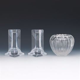 Daum Nancy Pair of Crystal Candlesticks and Steuben Melon Shape Vase 
