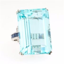 Deco Style 78.58 Carat Aquamarine, Diamond and Sapphire Ring 