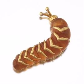 Designers Winc Gold, Carved Amber Citrine and Diamond Caterpillar Pin Brooch 
