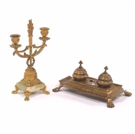Empire Style Gilt Bronze Standish and TwoLight Candelabra 