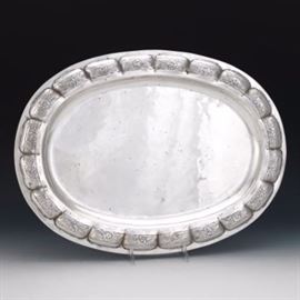 Feisa Mexico Sterling Silver Hand Hammered Rose Design Border Oval Tray 