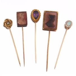 Five Victorian Gold, Carved cameo, Amethyst, Opal and Diamond Stickpins 