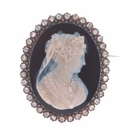 French 18k Rose Gold and Diamond Signed Cameo, ca. 19th Century 