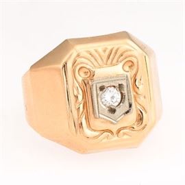 Gentlemans Russian Rose Gold and Diamond Signet Ring 