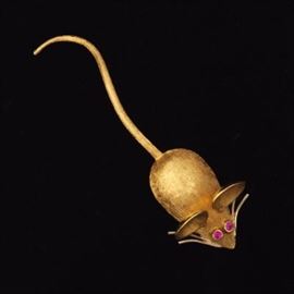 Gold and Ruby Mouse Pin Brooch 