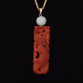 Gold, White Jade and Carnelian Color Stone Dragon Pendant on Chain 