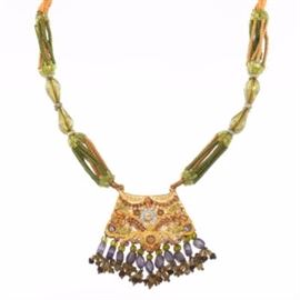 High Carat Gold, Enamel and Paste Stones on Silk Cord Adjustable Necklace 