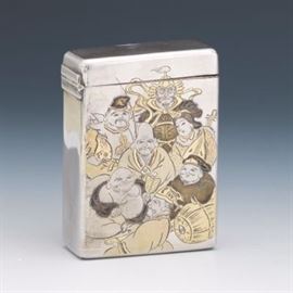 Japanese 950 Sterling Silver and Gold Wash Signed Seven Immortals Box with Cover