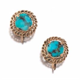 Ladies Antique Rose Gold and Turquoise Pair of Earrings 