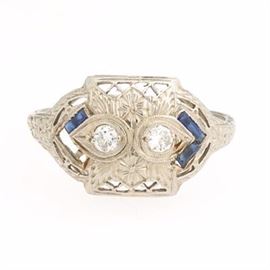 Ladies Art Deco Gold, Diamond and Blue Sapphire Ring 