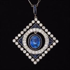 Ladies Art Deco Platinum, Natural Sapphire and Diamond Pendant on Chain 