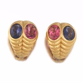 Ladies BVLGARI Pair of Gold, Pink Tourmaline and Iolite Ear Clips 
