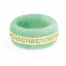 Ladies Gold and Carved Green Jade Band 