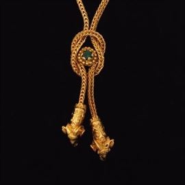 Ladies Gold and Emerald Ram Head Tassel Necklace 