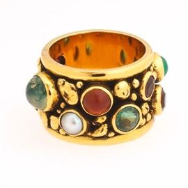 Ladies Gold and Gemstone Wide Band 