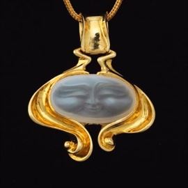 Ladies Gold and Moonstone Moon Face Pendant on High Karat Chain 