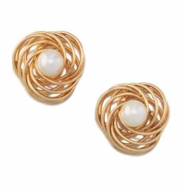 Ladies Gold and Pearl Pair of Love Knot Earrings 