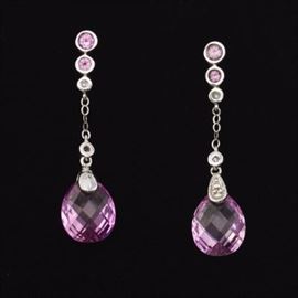 Ladies Gold and Pink Sapphire Pair of Briolette Earrings 