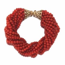Ladies Gold and TwelveStrand Twisted Coral Bracelet 