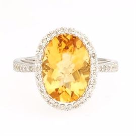 Ladies Gold, Amber Citrine and Diamond Cocktail Ring 