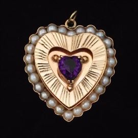 Ladies Gold, Amethyst and Seed Pearl Heart Pendant 