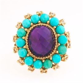 Ladies Gold, Amethyst and Turquoise Ring 