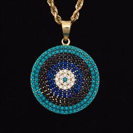 Ladies Gold, Black and White Diamond, Blue Sapphire and Turquoise Pendant on Chain 