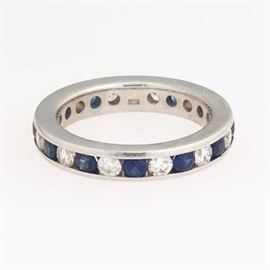 Ladies Gold, Blue Sapphire and Diamond Eternity Band 