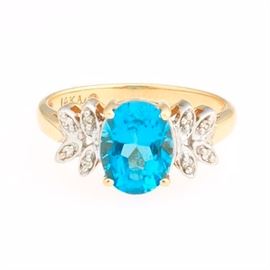 Ladies Gold, Blue Topaz and Diamond Ring 