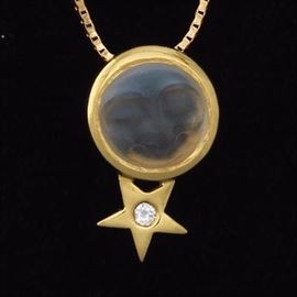 Ladies Gold, Cameo Carved Moonstone and Diamond Pendant on Chain 