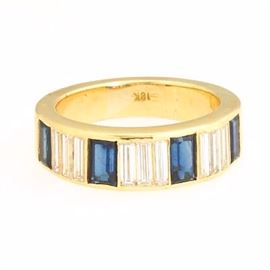Ladies Gold, Diamond and Blue Sapphire Band 